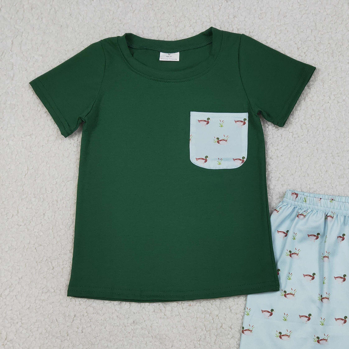3.21 RTS NO MOQ （In stock）BSSO1899 Fashion Clothing For Baby Boys Short Sleeve Dark Green Ducks Pocket Top Shorts Hunting Clothes Set
