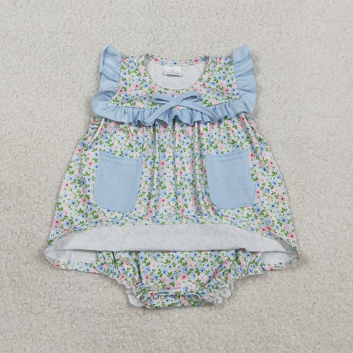 2.9 RTS NO MOQ （In stock）SR3752 Kids Clothing for Girls Baby Girls Sleeveless Blue Flowers Pockets Tunic Ruffle Rompers