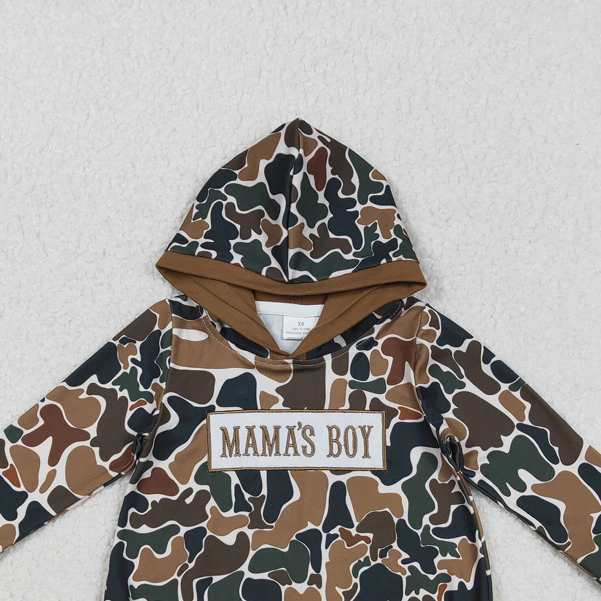 11.18 RTS NO MOQ （In stock）LR2796 Embroidery Mama's Boy Baby Boys Dark Brown Camo Hoodie Rompers