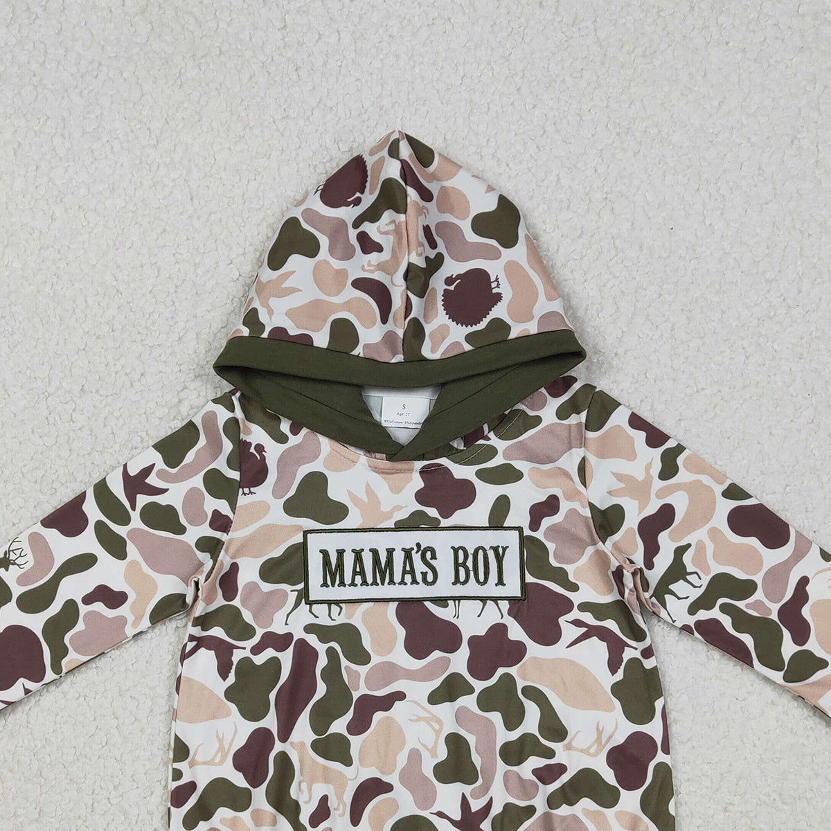 12.6 RTS NO MOQ （In stock）LR2797 Embroidery Mama's Boy Baby Boys Deer Dogs Ducks Camo Hoodie Rompers