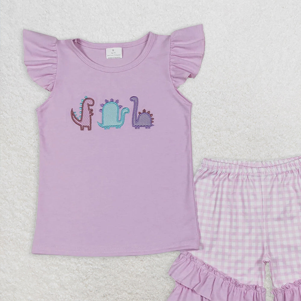GSSO0411RTS NO MOQ Baby Girls Summer Outfits Lavender dinosaur top plaid shorts girls summer clothes