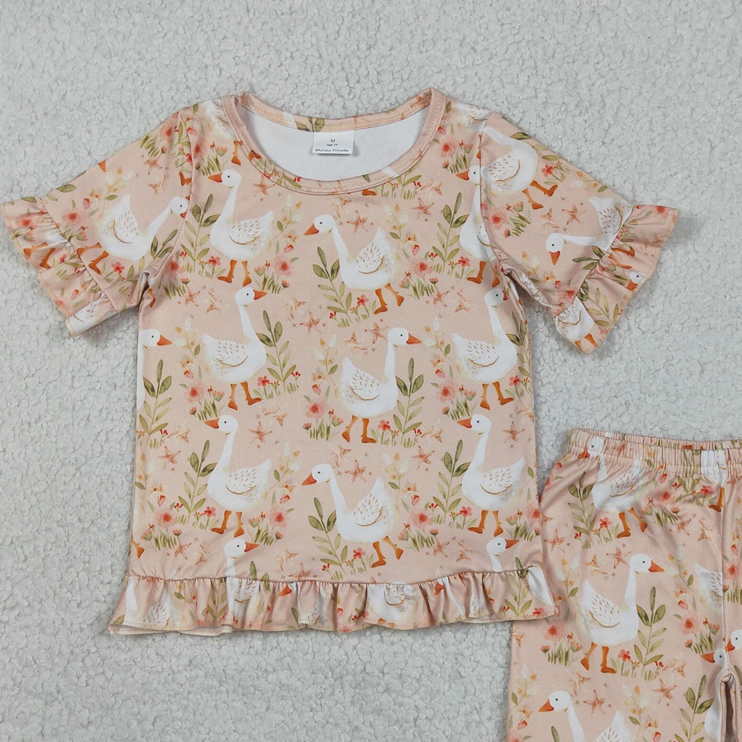 GSSO3329 RTS NO MOQ （In stock ）Ruffle short sleeves goose top shorts girl soutfits