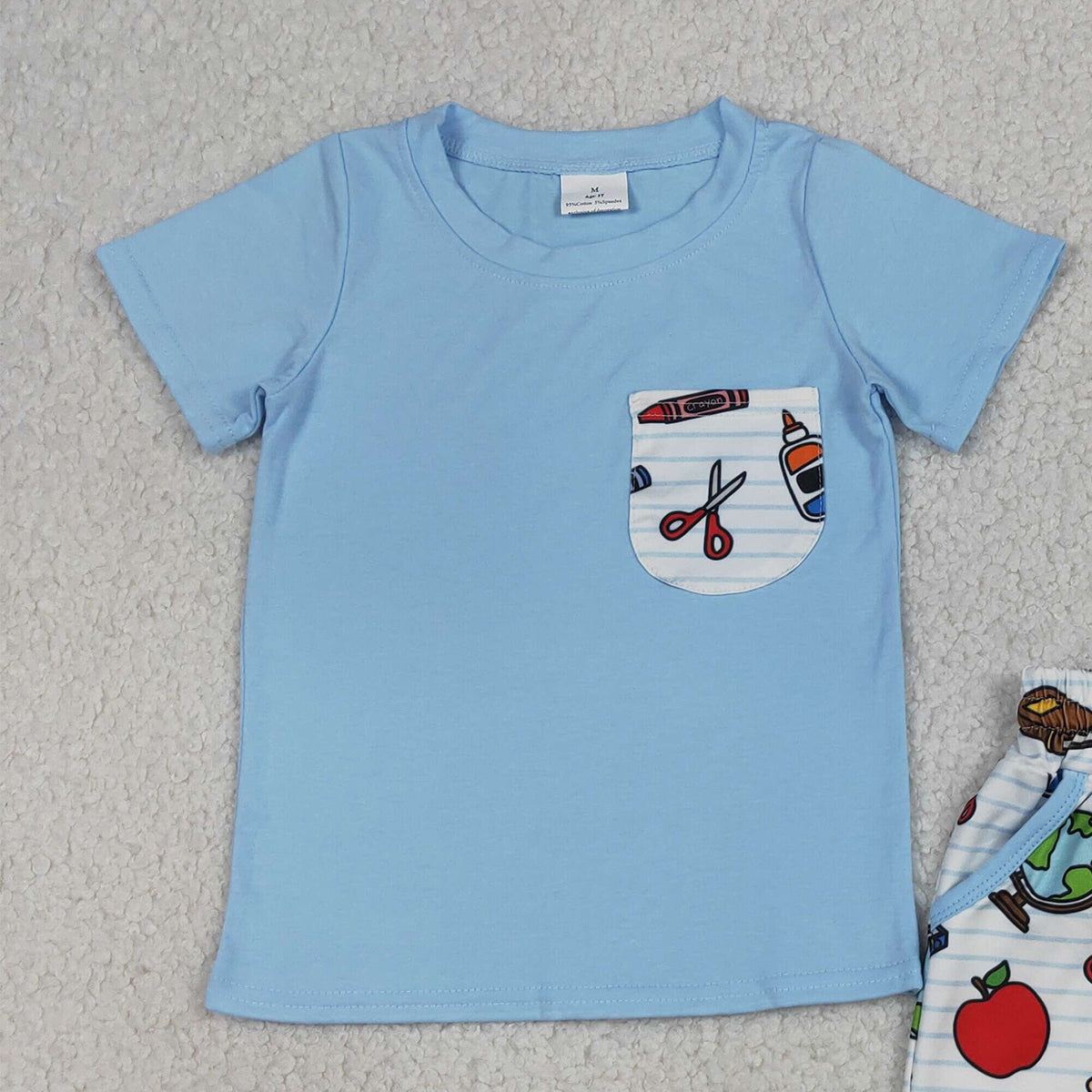 4.7 BSSO1921 RTS NO MOQ （In stock ）Baby Boys Apples Pencils Top Pockets Shorts Back to School Clothes Sets