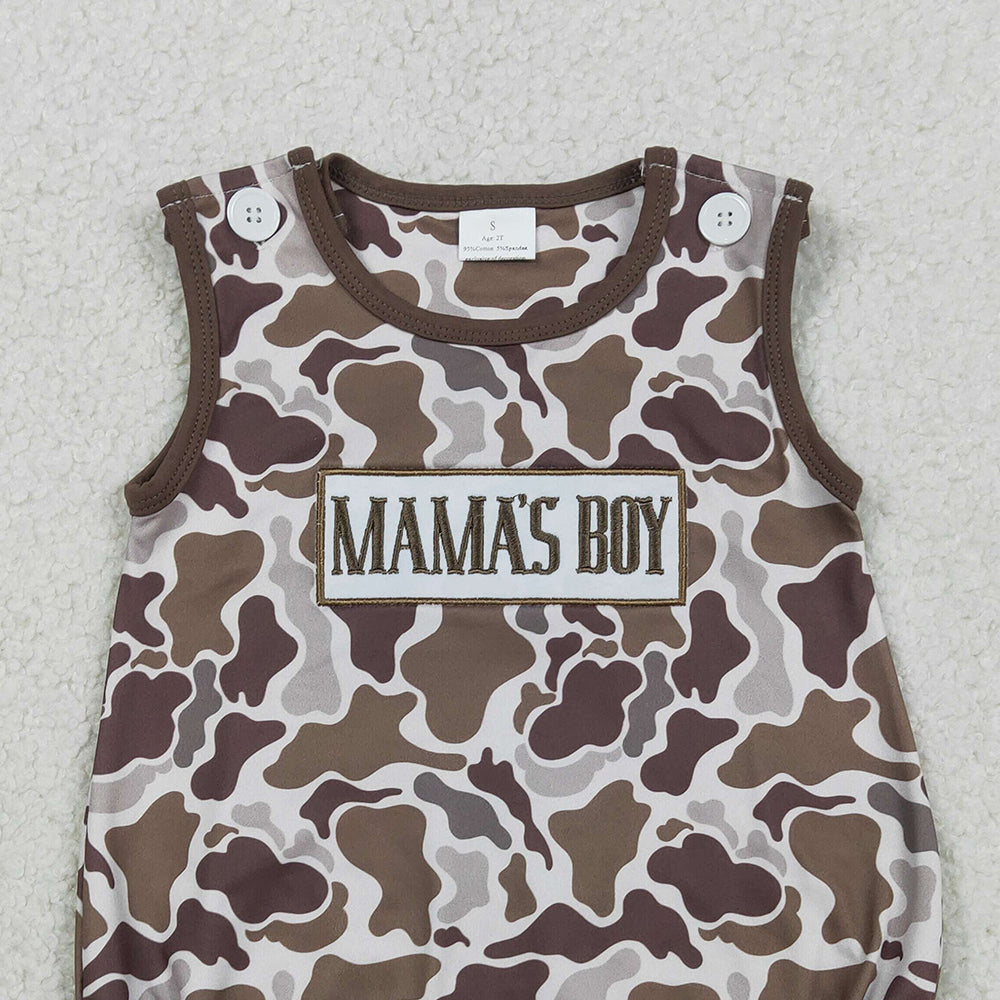1.28 RTS NO MOQ （In stock）SR3889 Embroidery Mama's Boy Southern Brown Camo Sleeveless Rompers