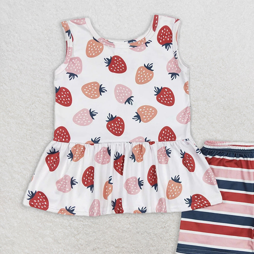 GSSO0505 RTS NO MOQ Baby Girls Summer Outfits Strawberry Beige Sleeveless Striped Shorts Set