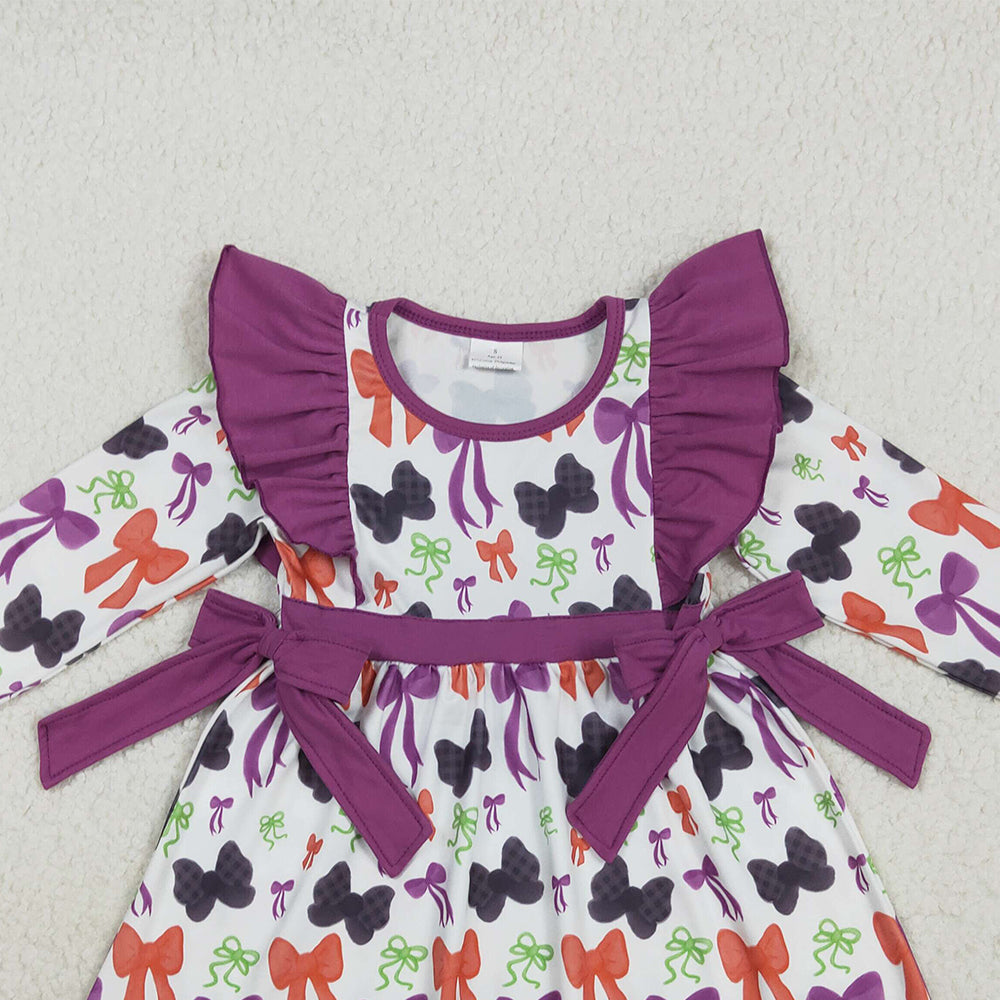 RTS NO MOQ （In stock）GLD1113 Baby Girls Winter Dress Baby Girls Halloween Colorful Bows Knee Length Dresses