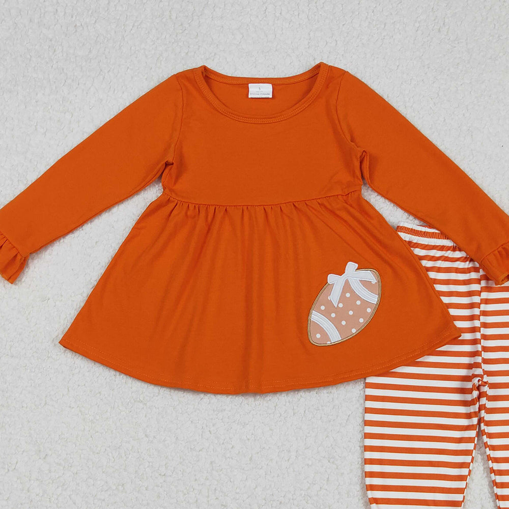 RTS NO MOQ （In stock）GLP1588 Baby Girls Winter Outfits Orange Long Sleeve Football Tunic with Stripe Leggings Set Sporty Outfit for Kids