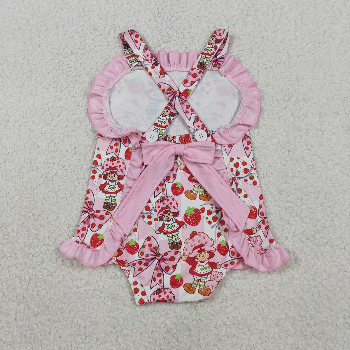 3.31 RTS NO MOQ （In stock）SR3885 Strawberry bow ruffle straps baby girls summer romper