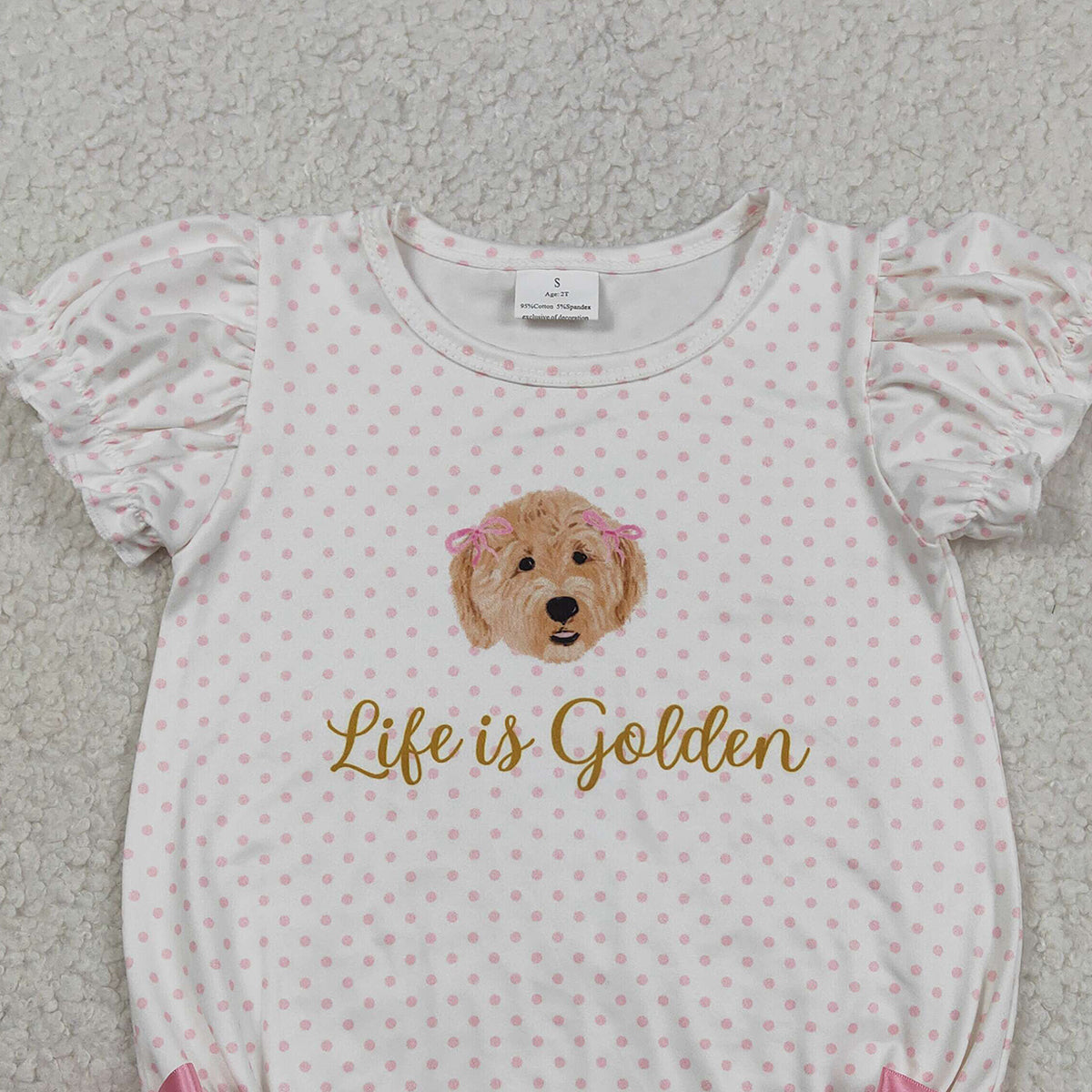 3.16 RTS NO MOQ （In stock）SR3779 Children's Fashion Romper Baby Girls Pink Polka Dots Dogs Life is Golden Ruffle Rompers
