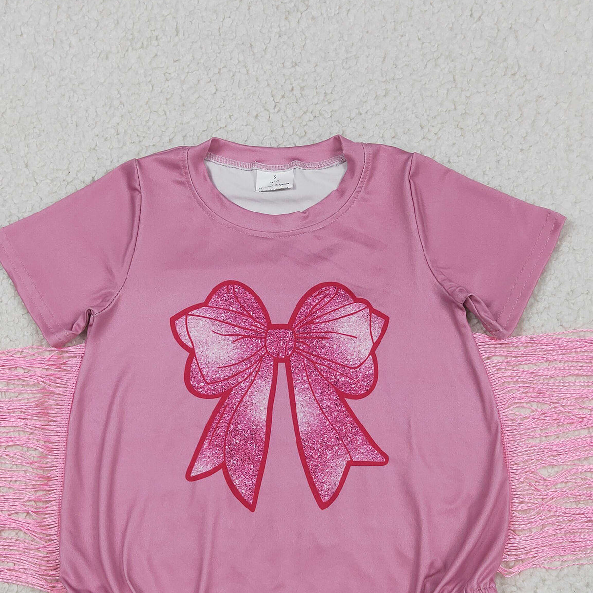 3.27 RTS NO MOQ （In stock）SR3187 Pink short sleeves tassels bow baby girls romper