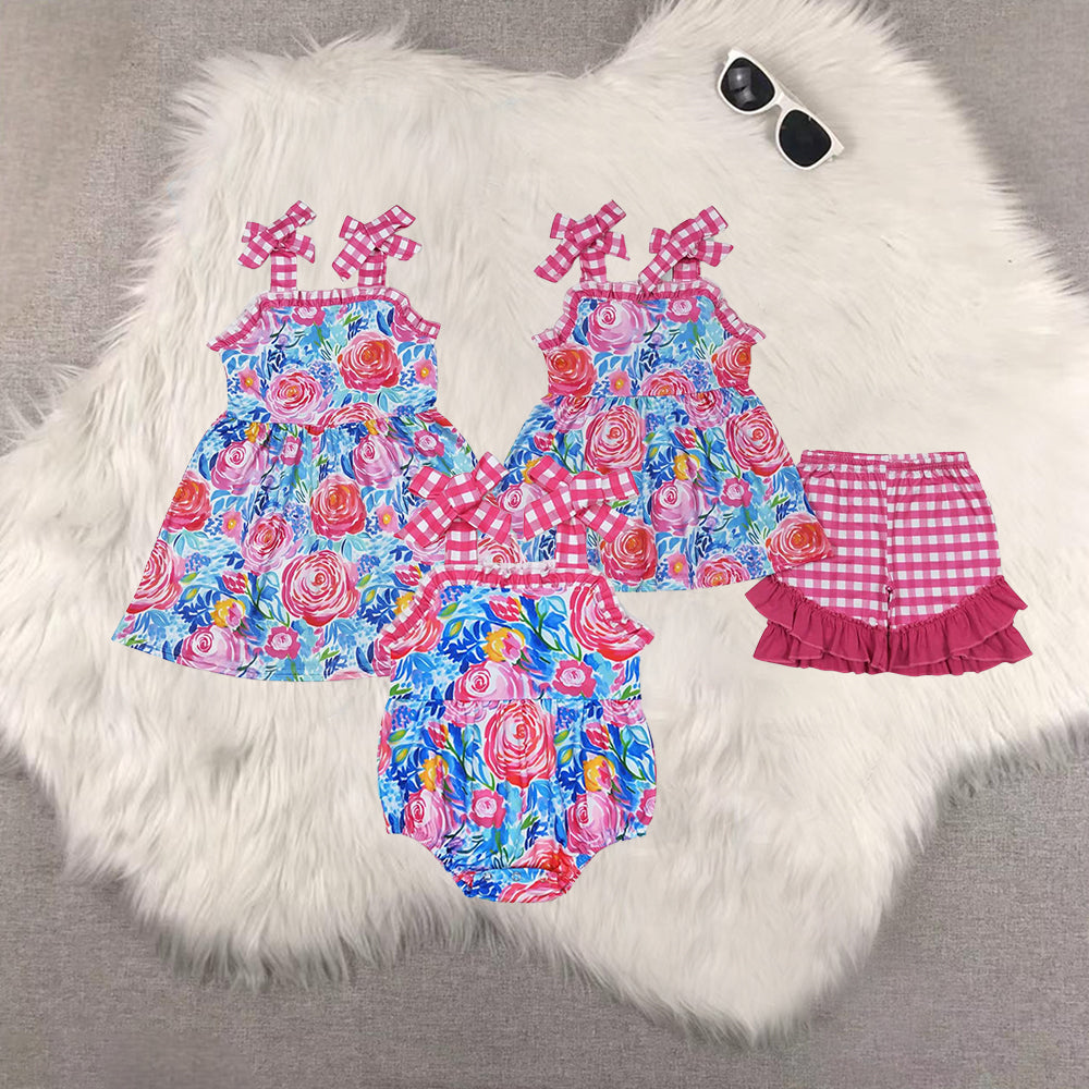 RTS Sibling Baby Girls Plaid straps tunic ruffle shorts girls summer outfits