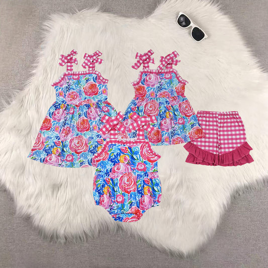 RTS Sibling Baby Girls Plaid straps tunic ruffle shorts girls summer outfits