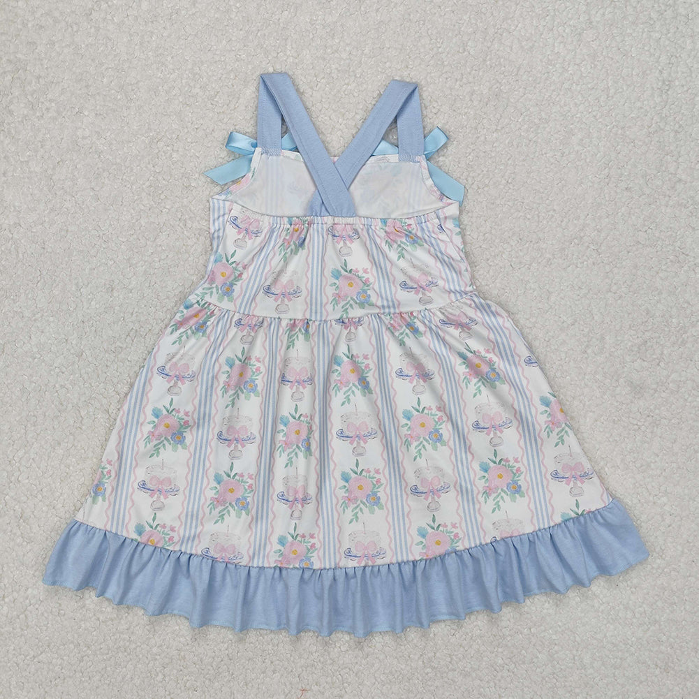 GSD1946Floral Cake Bow Girls Dress Straps Happy Birthday Girls Dresses Floral Cake Bow Design Party Wear for Girls