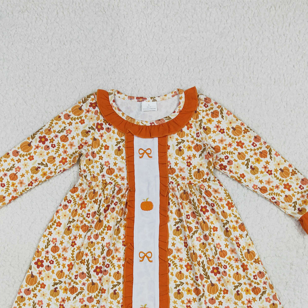 8.16 GLD1058RTS NO MOQ Baby Girls Winter Dress Embroidery Baby Girls Long Ruffle Sleeves Bows Pumpkins Flowers Knee Length Dresses