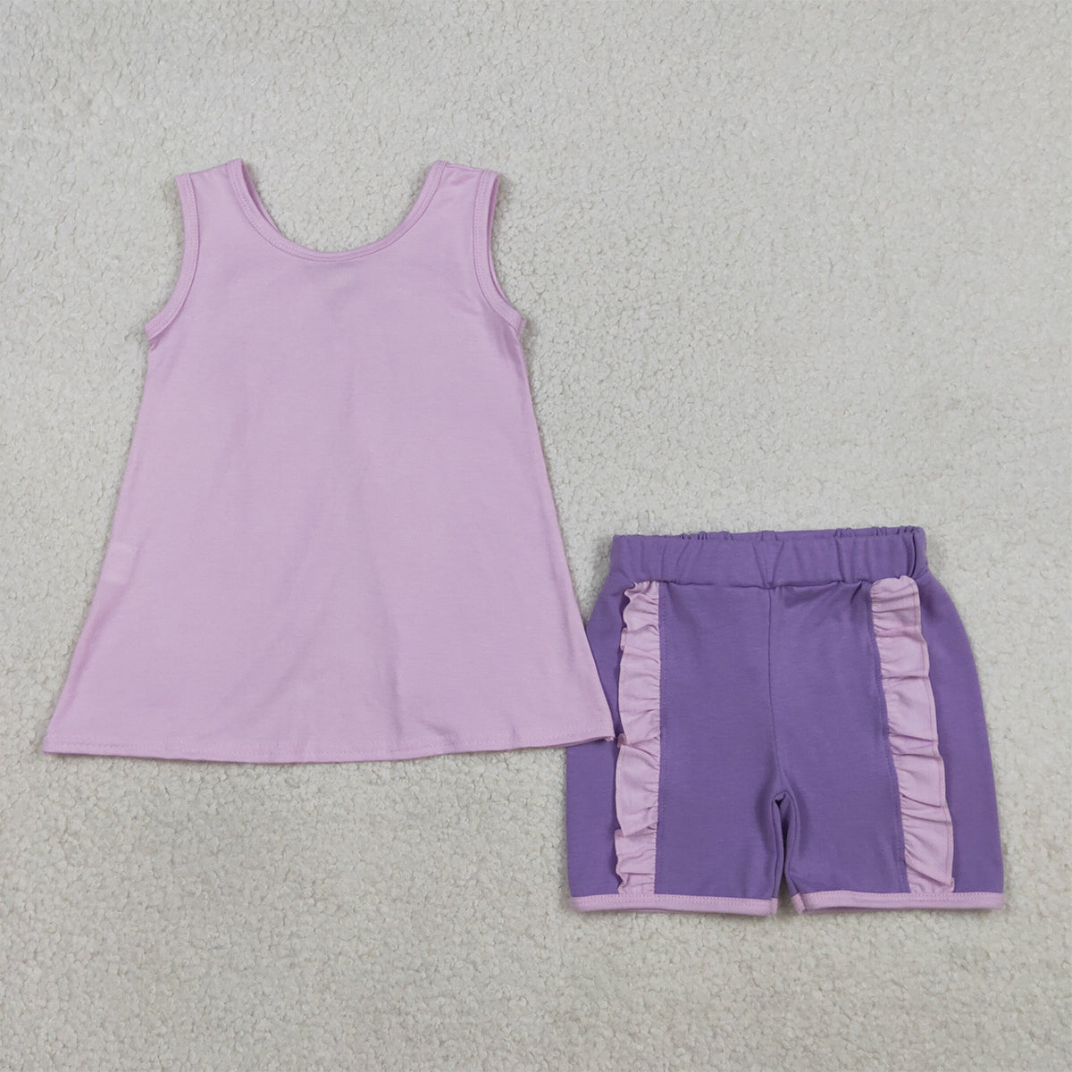 3.30 RTS NO MOQ （In stock）GSSO3461 Sleeveless bow tunic purple shorts girls summer outfits