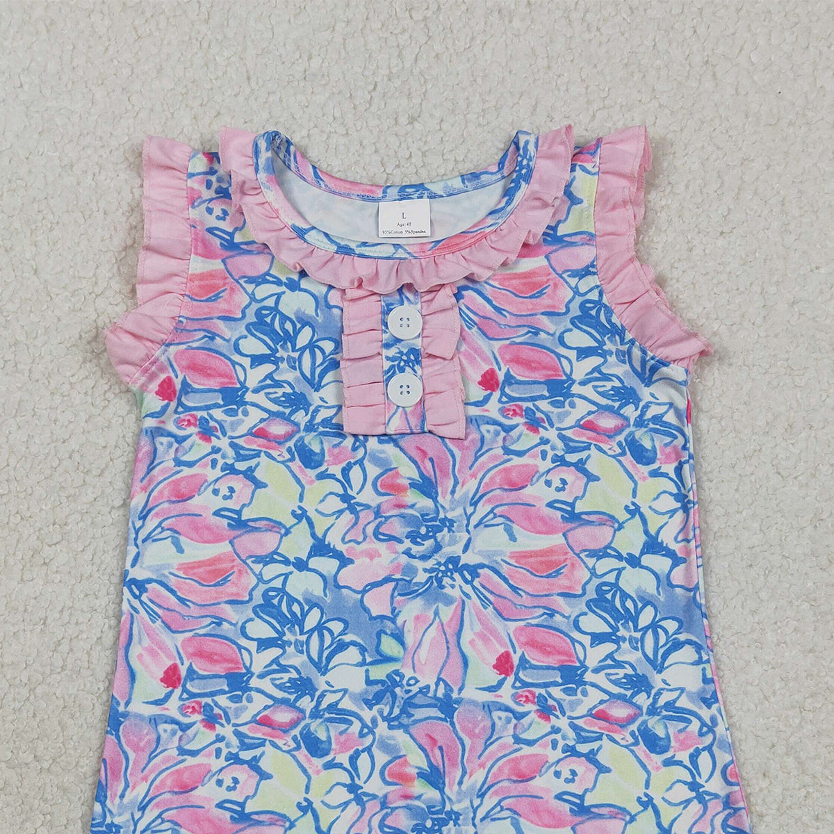 3.10 RTS NO MOQ （In stock）GSD3627 Kids Fashion Clothes Baby Girls Sleeveless Colorful Flowers Button Scallop Knee Length Dresses