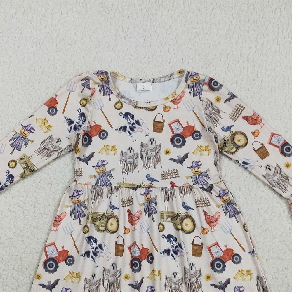 RTS NO MOQ （In stock）GLD1196 Baby Girls Winter Dress Baby Girls Long Ruffle Sleeves Trucks Chicks Farm Knee Length Dresses