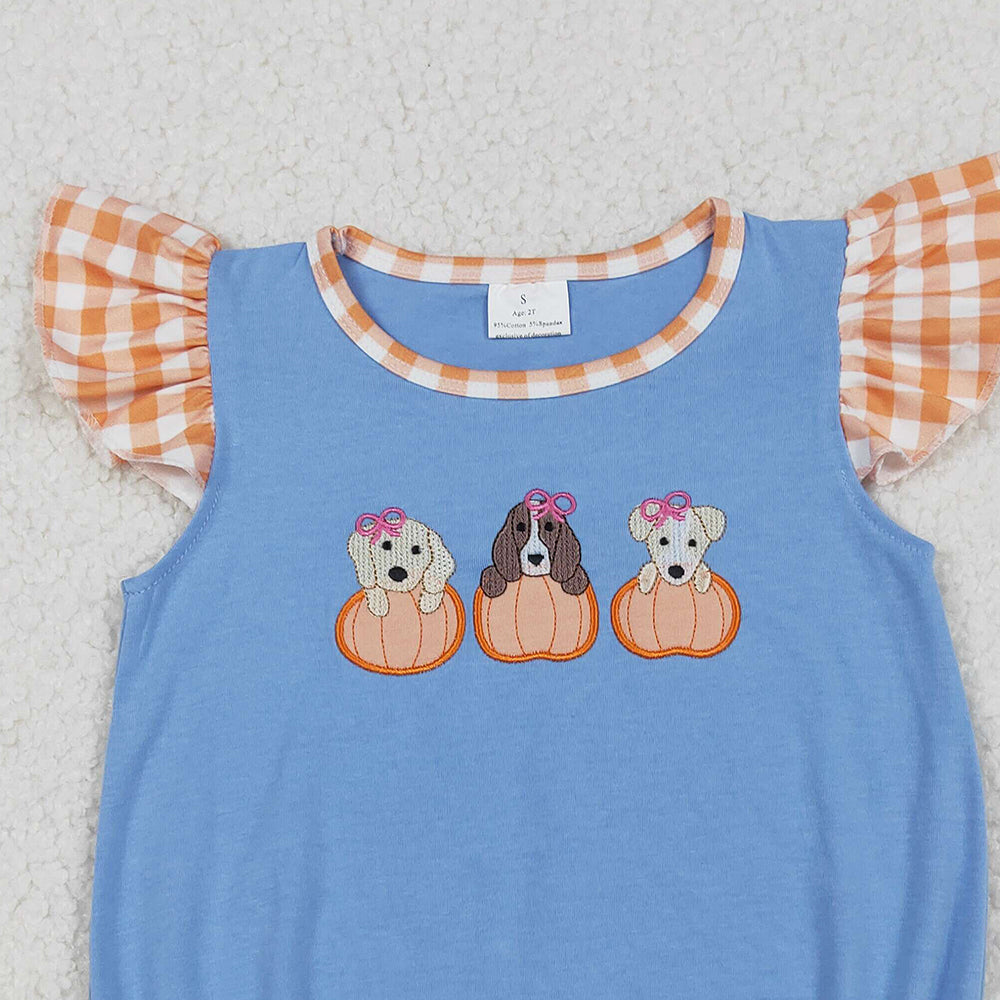 RTS NO MOQ （In stock）SR3191 Baby Girls Summer Rompers Embroidery Dogs Pumpkins Flutter Sleeves Fall Rompers