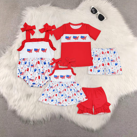 8.01   Sibling Red top balloon flag shorts boys and girls 4th of july clothes rompers