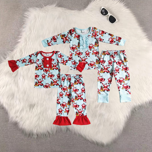 8.21 RTS Sibling Baby Boys Girls Santa print long sleeve baby girls Christmas pajamas