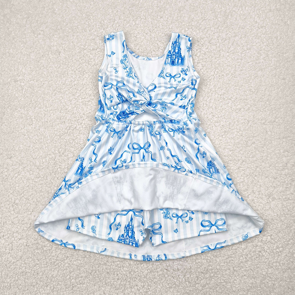 USA Shop (in stock)GSD2200 Baby Girls Summer Yoga Dress Light Blue Sleeveless Bow Castle Girls Athletic Dress Children's Cute Princess School Uniform Style Clothing for Girls