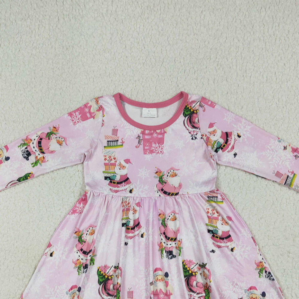 RTS NO MOQ （In stock）GLD0354 Baby Girls Winter Dress Baby Girls Christmas Pink Santa Present Knee Length Dresses