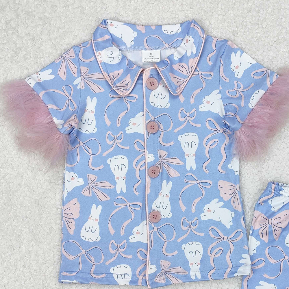 GSSO1946Baby Girls Easter Themed Bows Fur Print Shirt And Shorts Pajamas Set Cute Infant Clothing for Spring