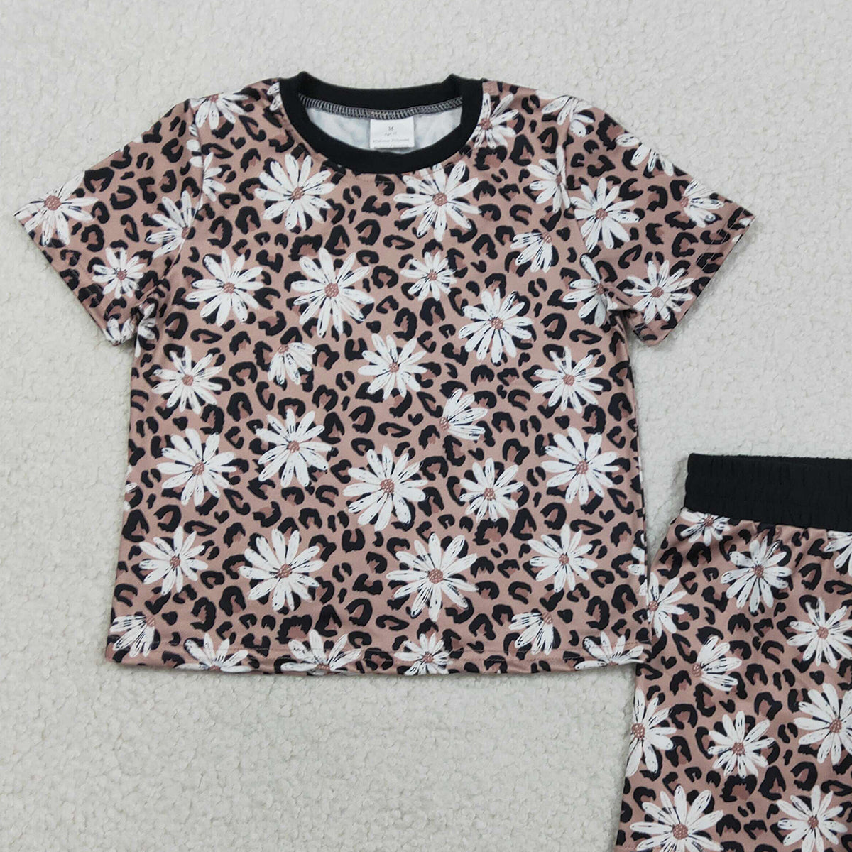 2.2 RTS NO MOQ （In stock）GSSO3079 Baby Girls Leopard Daisy Flowers Top Short Pajamas Clothes Sets
