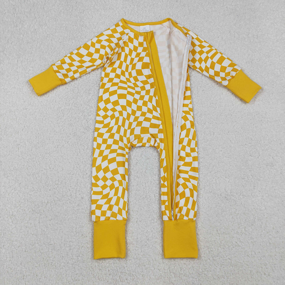 10.1 RTS NO MOQ （In stock）LR1089 Baby Boys Winter Rompers Baby Infant Boys Yellow Checkered Zip Footie Long Sleeve Rompers