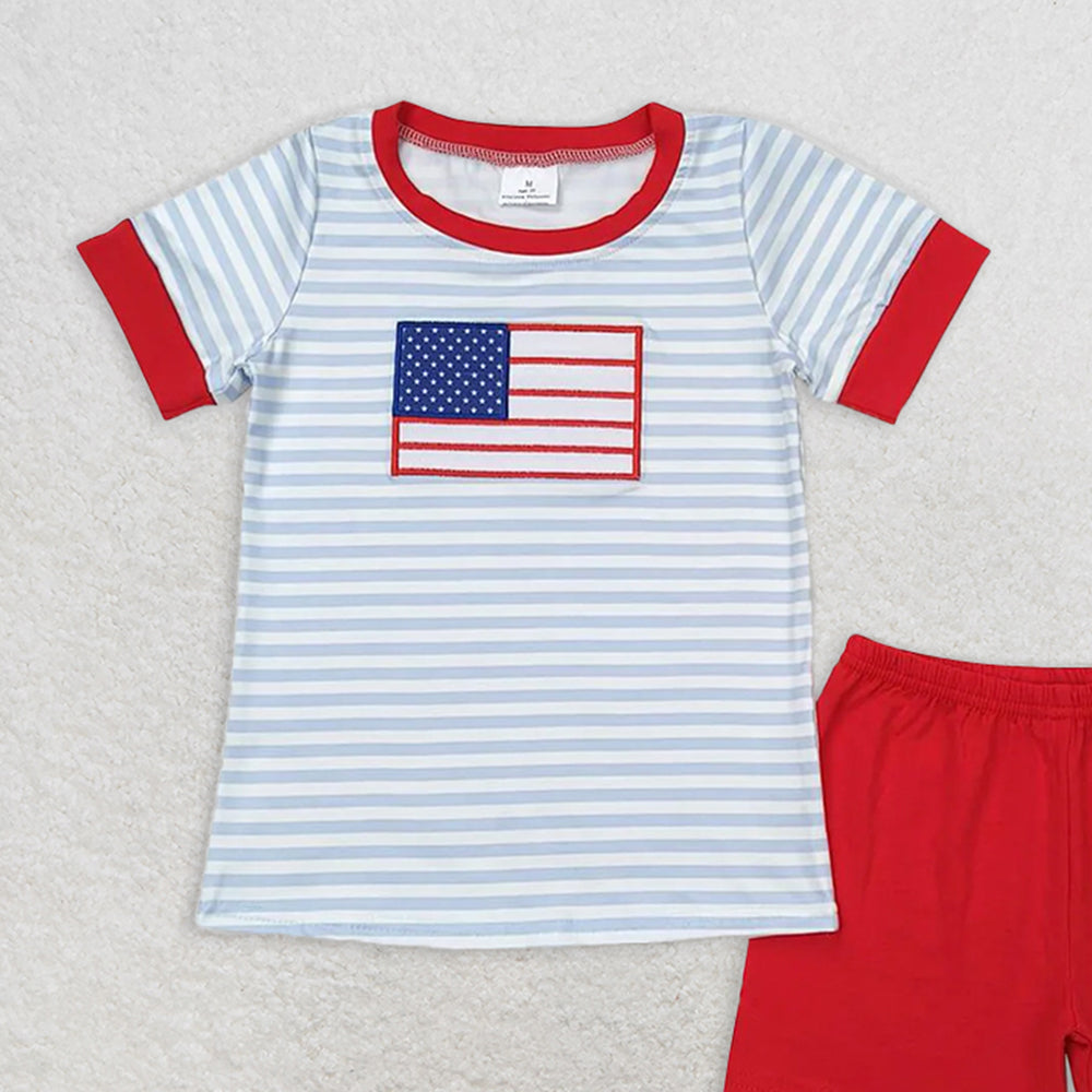 BSSO0684 RTS NO MOQ Baby Boys Summer Boys Outfits Embroidery  Baby Boys Flag Blue Stripes Shirt 4th Of July Shorts Clothes Sets