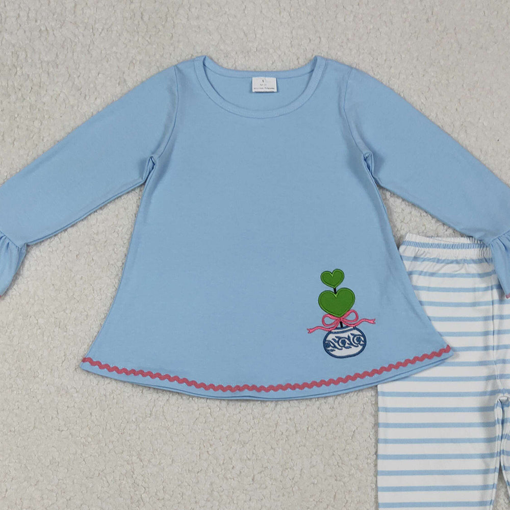 RTS NO MOQ （In stock）GLP2465 Baby Girls Winter Outfits Embroidery Bows Plants Blue Tunic Stripe Legging Sets