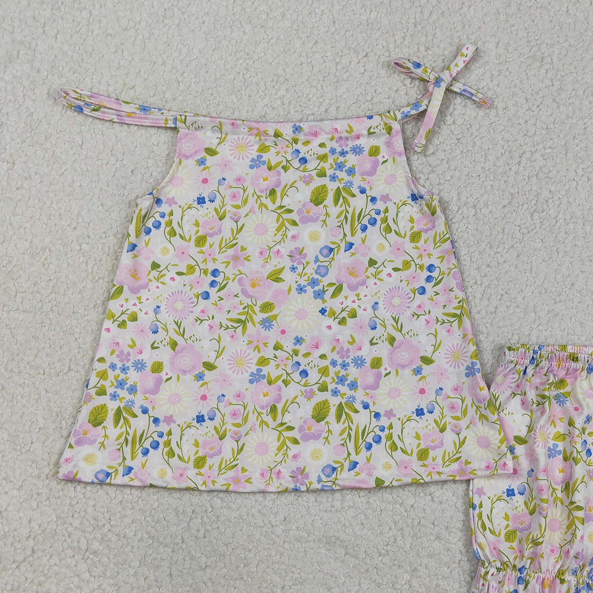 3.13 RTS NO MOQ （In stock）GSSO2778 Kids Clothing for Girls Baby Girls Pink Strap Flowers Tunic Ruffle Shorts Clothes Sets