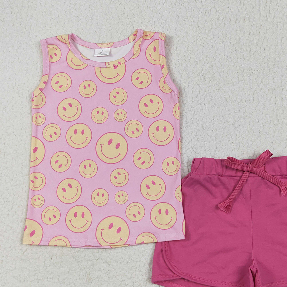 7.06 GSSO2605 RTS NO MOQ Baby Girls Summer Outfits Baby Girls Pink Sleeveless Smiles Top Pockets Short Set