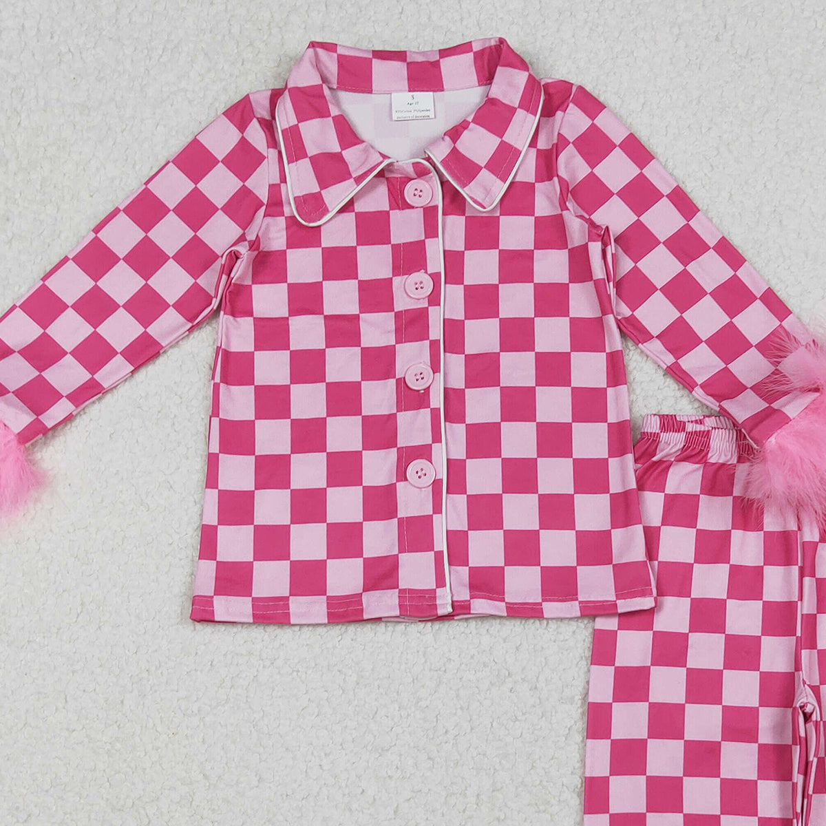 10.14 RTS NO MOQ （In stock）GLP1256 Baby Girls Dark Pink Checkered Buttons Top Pants Fur Pajamas Clothes Sets