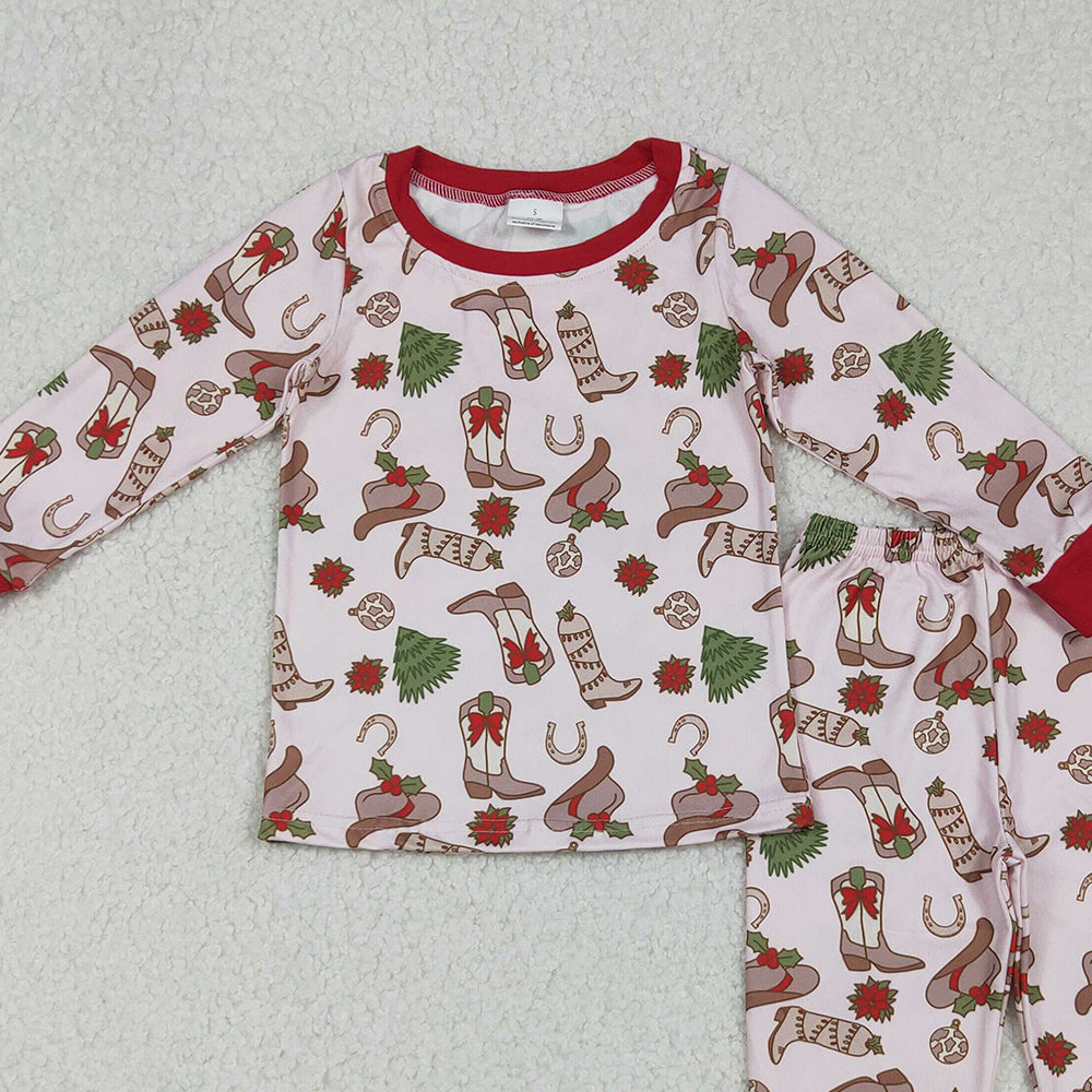 RTS NO MOQ （In stock）GLP2729 Baby Girls Winter Outfits Boots Holly Top Pant Christmas Pajamas Sets