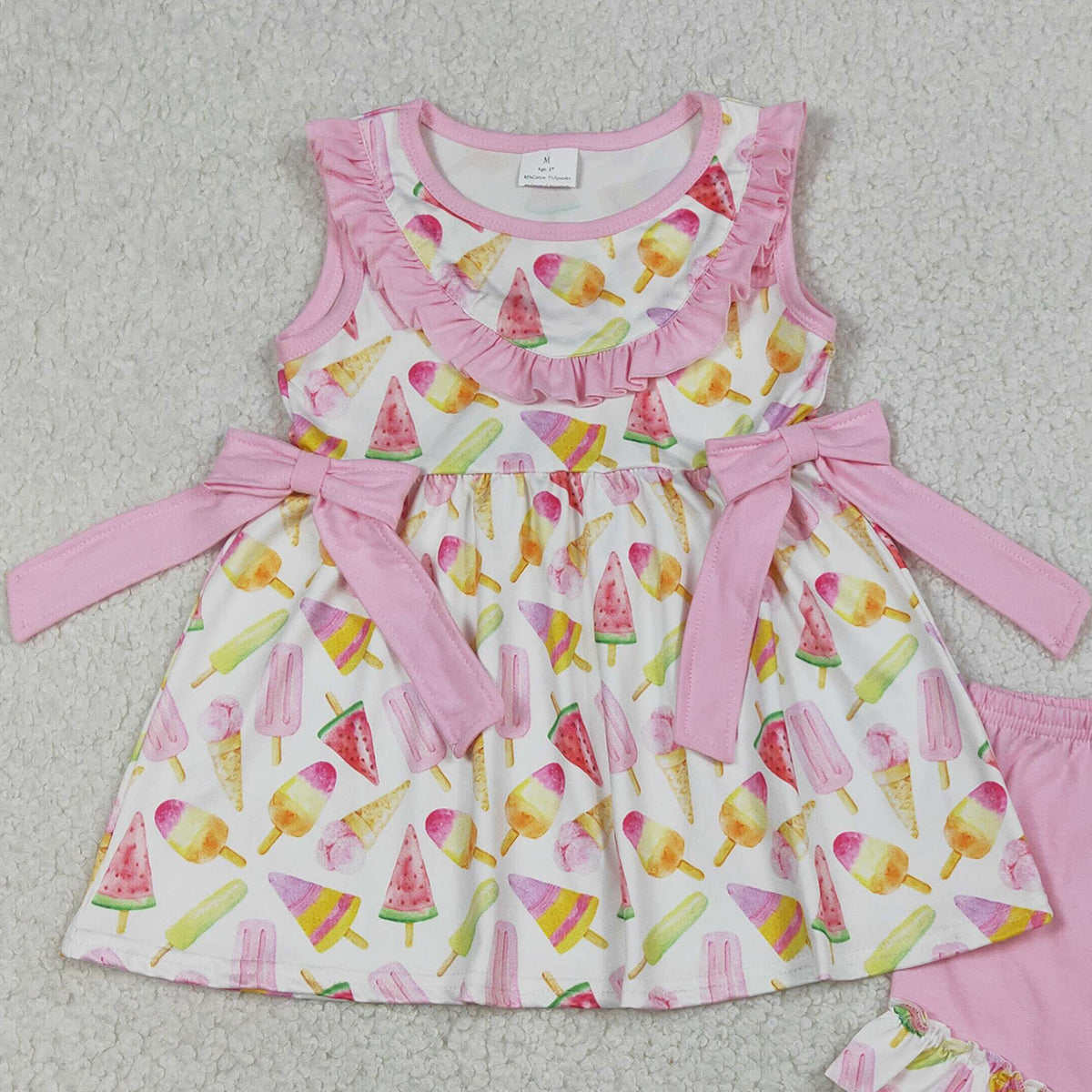 1.14 RTS NO MOQ （In stock）GSSO3067 Baby Girls Colorful Popsicle Ice Creams Collar Tunic Ruffle Shorts Clothes Sets