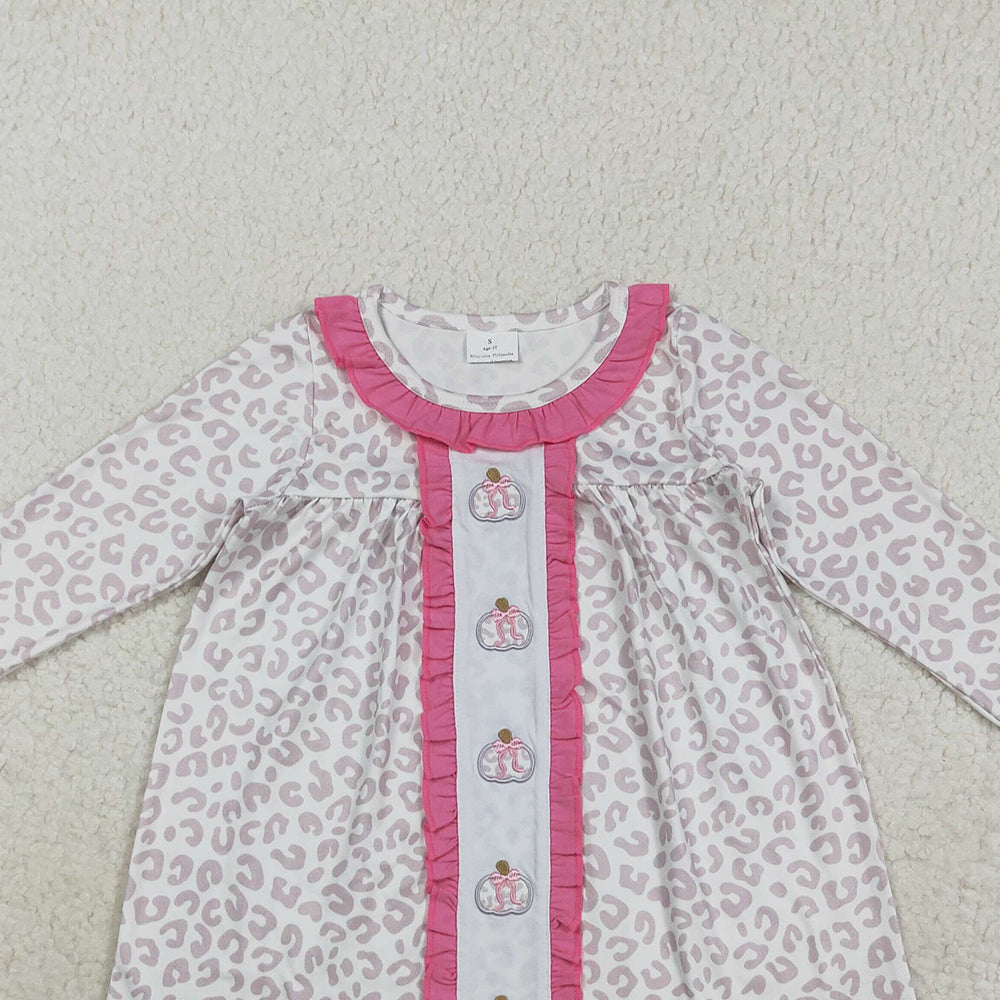 RTS NO MOQ （In stock）GLD1054 Baby Girls Winter Dress Embroidery Pumpkins Baby Girls Pink Leopard Fall Knee Length Dresses