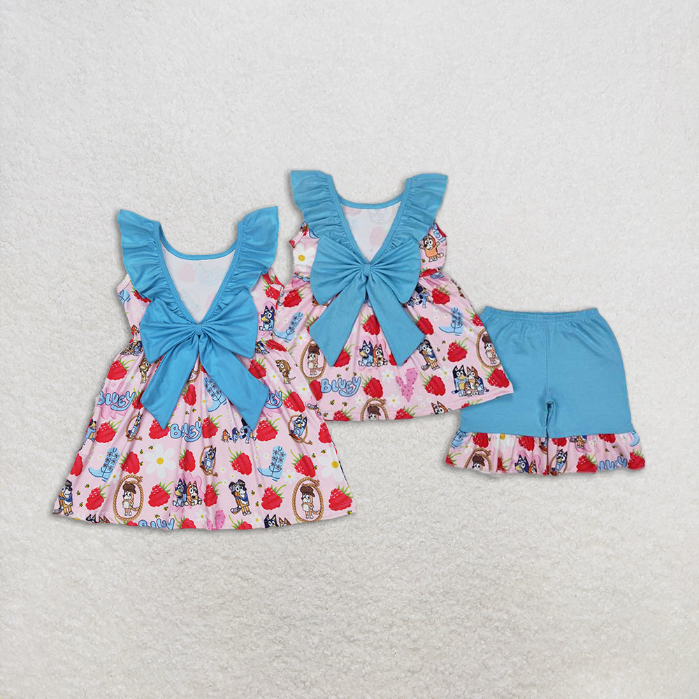 4.24 RTS NO MOQ Girls Strawberry Dog Floral Ruffle Tunic Short Set Cute Animal Print Outfit for Kids