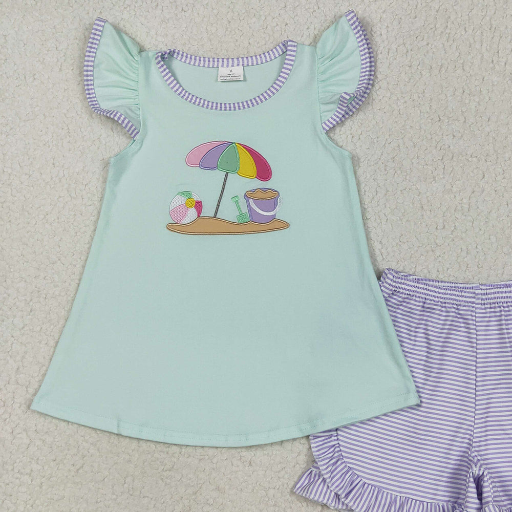 7.23 GSSO2553 RTS NO MOQ Baby Girls Summer Outfits Embroidery Baby Girls Flutter Sleeves Beach Tunic Lavender Stripe Short Set