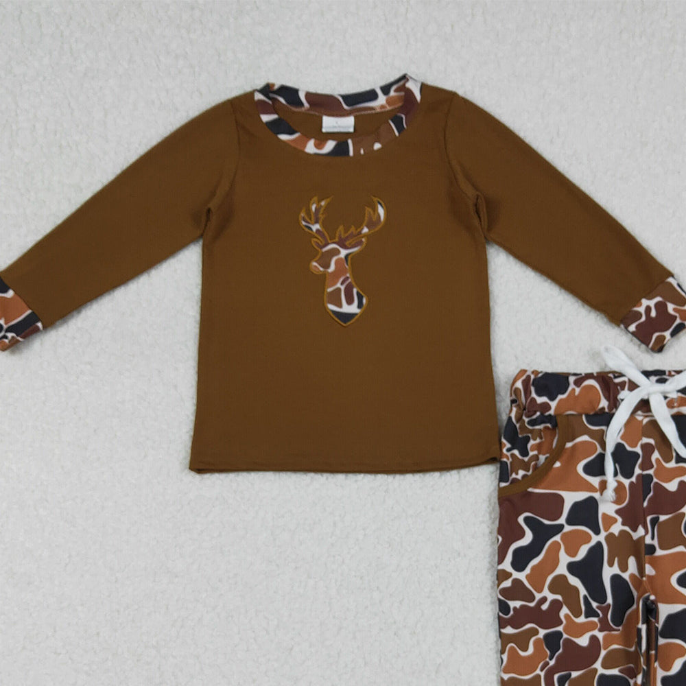 9.27 RTS NO MOQ （In stock）BLP1078  Baby Boys Winter Outfits Embroidery Camo Deer Baby Boys Brown Top Pockets Leggings Clothes Set