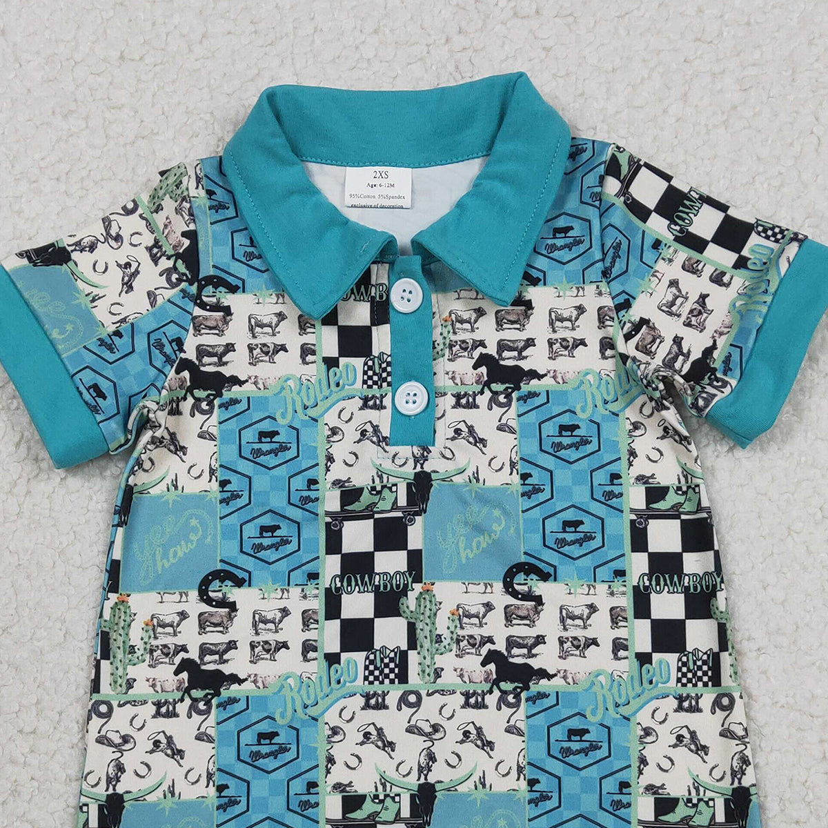 1.19 RTS NO MOQ （In stock）SR3723 Baby Boys Short Sleeve Boot Horses Cowboy Western Button Rompers