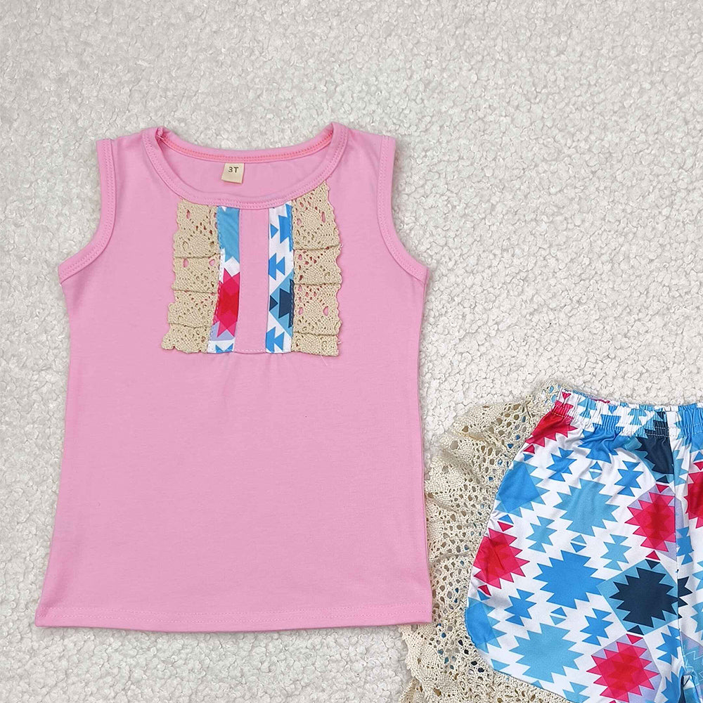 7.16  C7-5-1 RTS NO MOQ Baby Girls Summer Outfits Baby girls pink top aztec lace ruffle shorts outfits sets