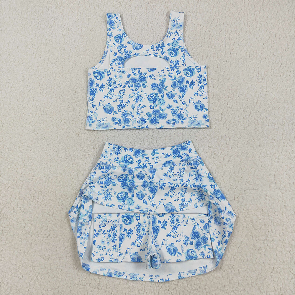 8.23 RTS NO MOQ （In stock）GSD2787 Baby Girls Yoga Outfits Baby Girls Blue Flowers Print Vest Top Shorts Skirts Yoga Activity Set