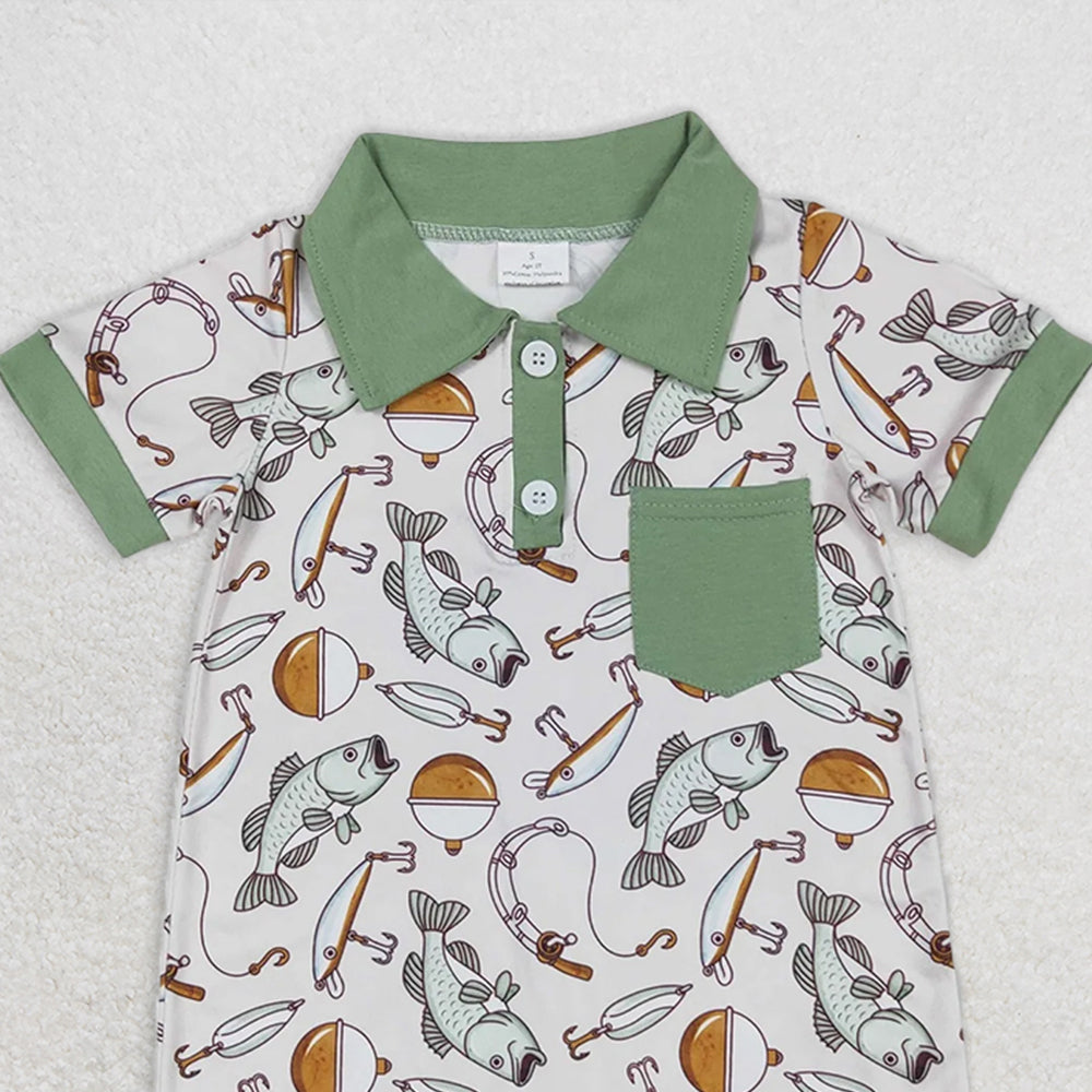 USA Shop (in stock)SR2472RTS NO MOQ Baby Boys Summer Rompers Baby Boys Short Sleeve Polo Romper with Pocket Fishing Theme Casual Outfit for Toddlers