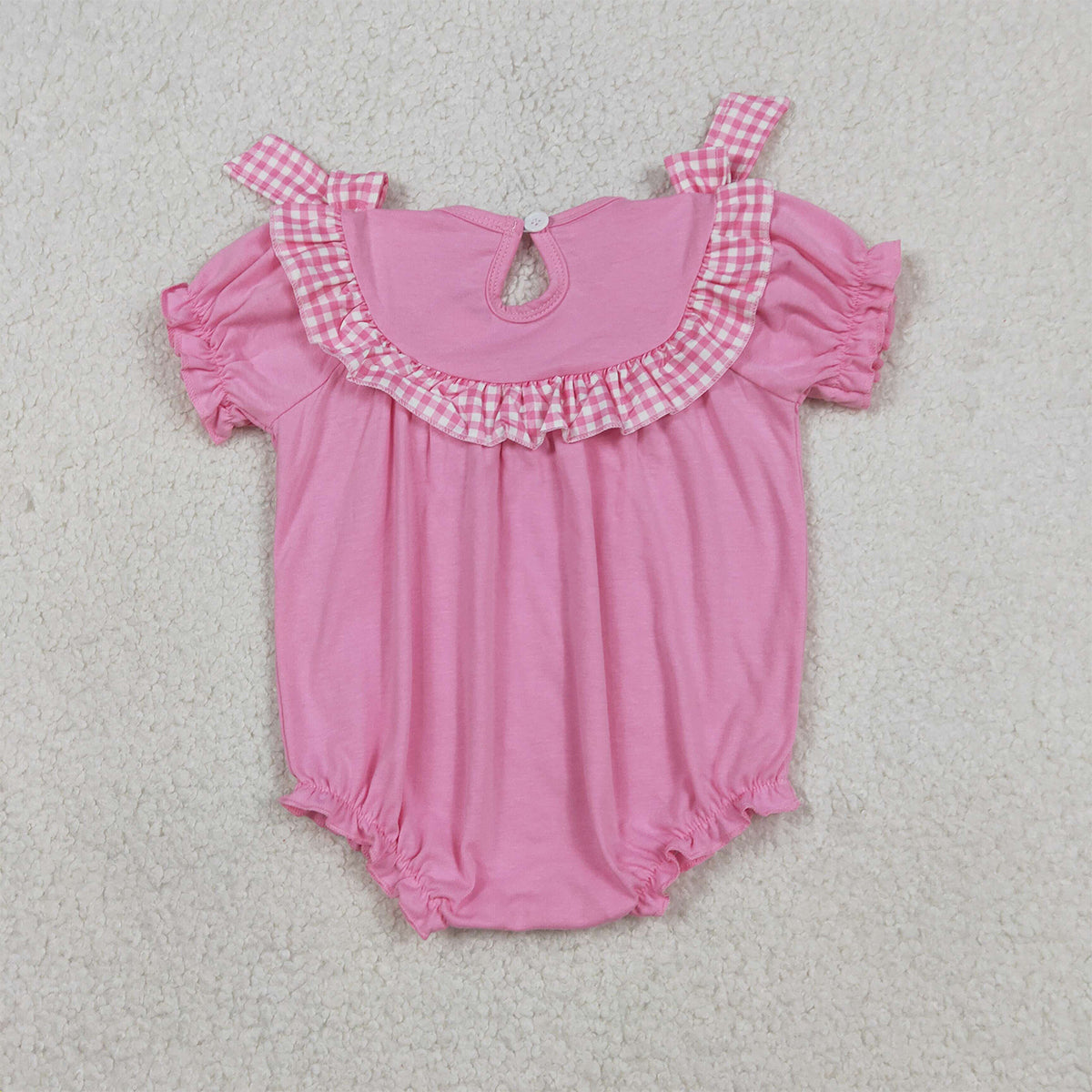 1.9 RTS NO MOQ （In stock）SR3250 Smocked Crosses Baby Girls Bows Short Sleeve Easter Ruffle Rompers