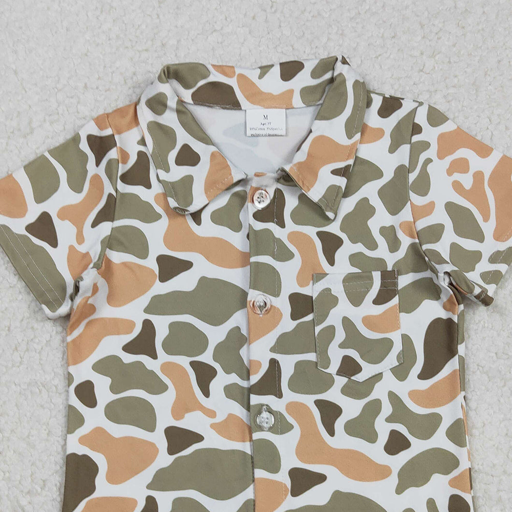 RTS NO MOQ （In stock）BT1312 Baby Boys Shorts Sleeve Tops Western Green Khaki Camouflage Button Pocket Shirt Top for Infants