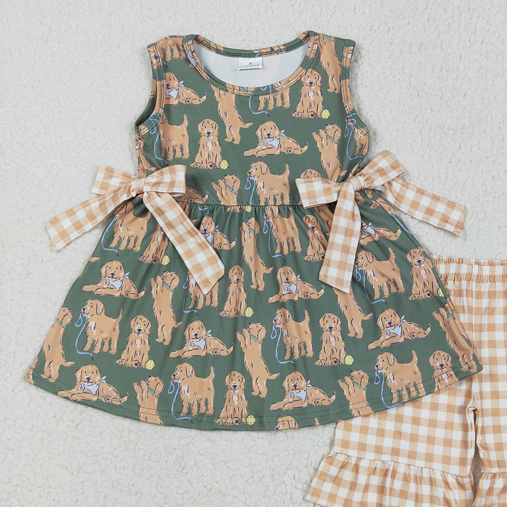 4.28 GSSO2449 RTS NO MOQ Baby Girls Summer Outfits  Sleeveless dog tunic khaki shorts girls clothes