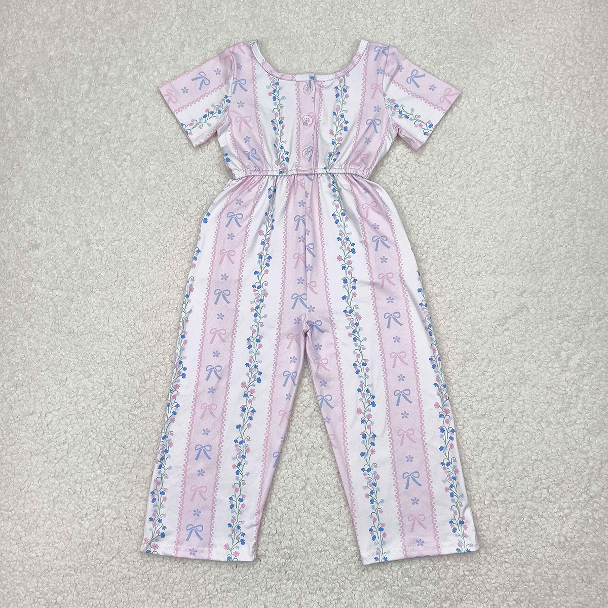 6.13 SR2941 RTS NO MOQ  Baby Girls Summer Jumpsuits Baby Girls Pink Short Sleeves Bows Floral Pockets Jumpsuits