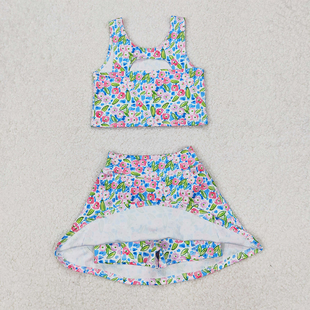 5.19  GSD1988  RTS NO MOQ Blue sleeveless floral top skirt girls activewear set