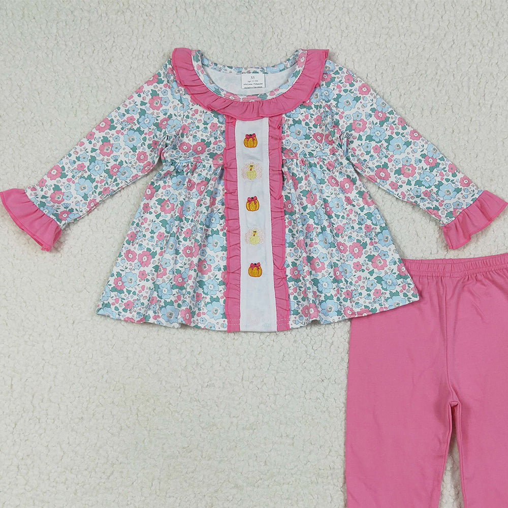 7.10 GLP2352RTS NO MOQ Baby Girls Winter Outfits Embroidery Baby Girls Long Sleeves Floral Turkey Pumpkins Tunic Ruffle Pant Set